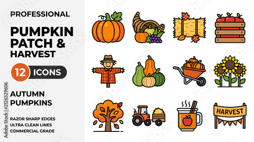 Professional Pumpkin Patch and Harvest Autumn Icons Set