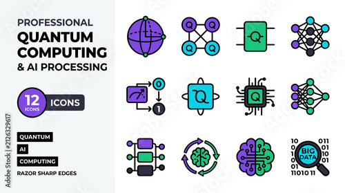 Professional Quantum Computing and AI Icons Set Vector Illustration