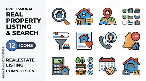 Professional Real Estate Listing and Search Icons Vector Set