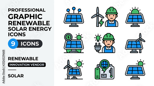 Professional Renewable Solar Energy Icons Set With Wind Turbines And Solar Panels