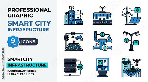 Professional Smart City Infrastructure Icons Set for Urban Development and Technology