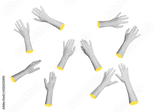 Set of monochrome left and right hands touching, typing, reaching and holding. Diverse grayscale