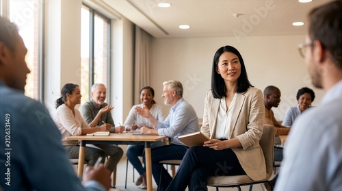 A diverse group of people engaged in an interactive session, with a smiling woman at the forefront.