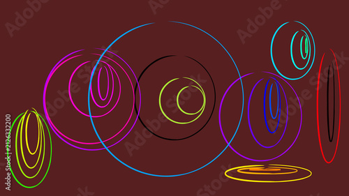 The image features an abstract visualization of colorful neon circular and elliptical lines against a dark background.
