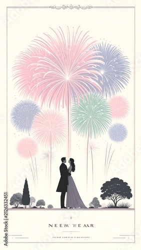 Elegant couple embracing under pastel fireworks at night wedding celebration.