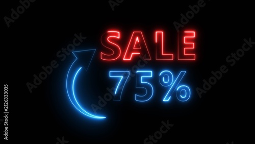 Quadro su tela Seventy five percentage off neon sale sign featuring red glowing text and blue arrow icon