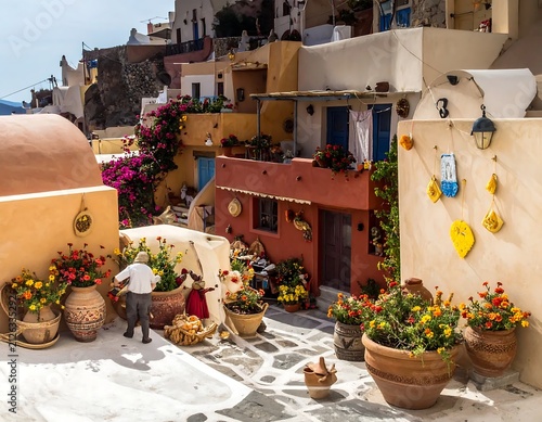Charming traditional Greek island village courtyard with flowers and terracotta pots.