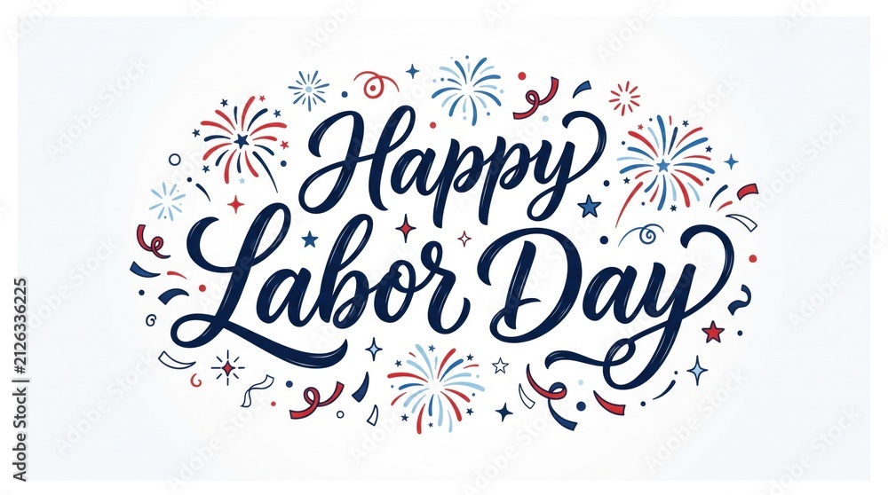 Fototapeta premium Happy labour day festive greeting card design with elegant calligraphy and colorful firework illustrations on a white background
