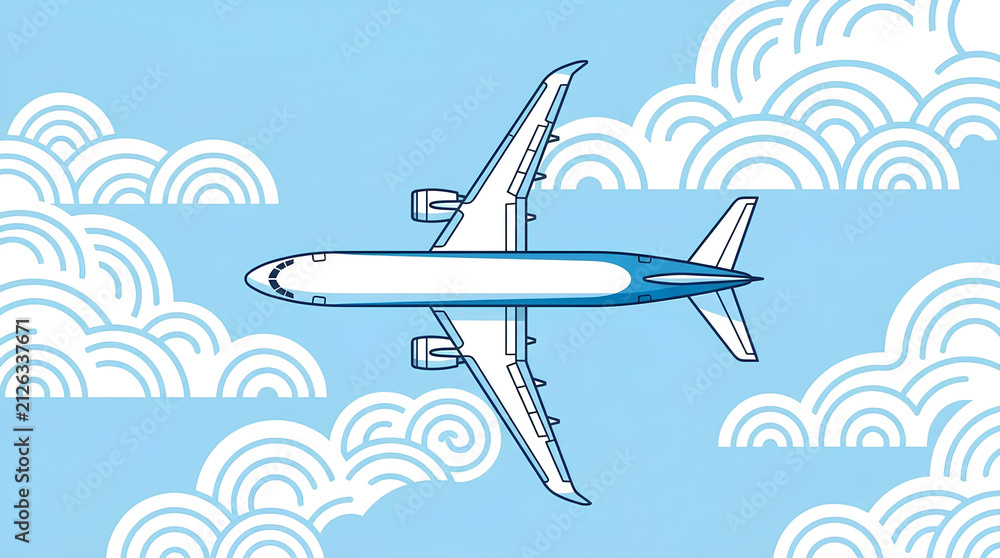 Naklejka premium Airplane flying through stylized white clouds in blue sky.