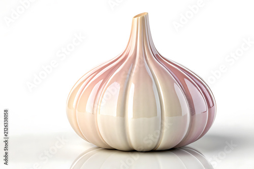 Whole glossy garlic bulb with pale pink hues on a white background with shadow, Shiny Garlic bulbs with single clove closeup view.