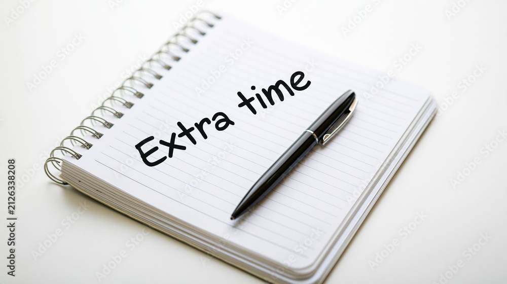 Naklejka premium A spiral notebook with Extra Time written on the paper isolated on white background. Symbolizes productivity and.