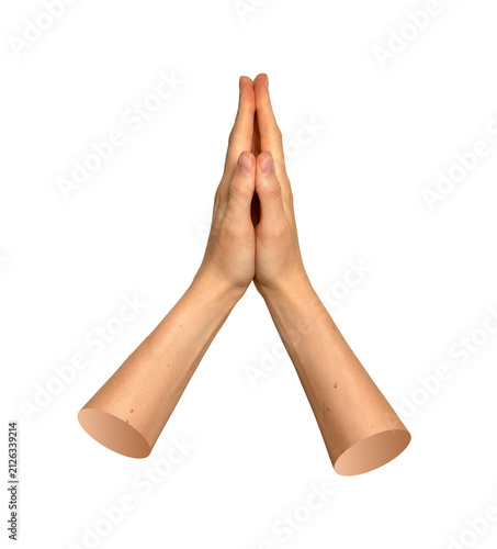 Caucasian hands pressed together in peaceful prayer pose or enthusiastic high five gesture. Natural