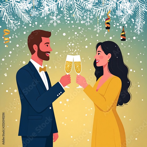 Elegant Couple Toasting with Champagne Glasses at a New Years Eve Celebration.