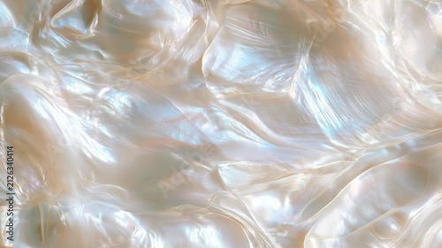 Close-up of natural mother-of-pearl shell texture with iridescent, pearlescent, and shimmering patterns in soft pastel colors