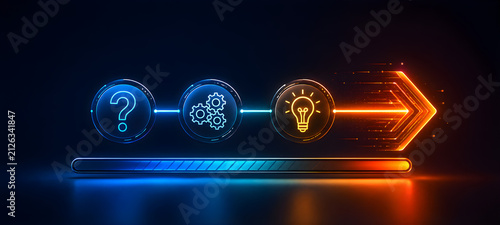 Futuristic linear process flow showing question mark gears and idea bulb leading to glowing arrow for problem solving concept

