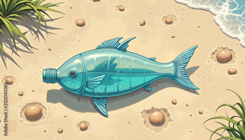 concept environmental awareness, a transparent plastic fish lying on sandy beach with pebbles and grass, illustrating pollution impact on marine life