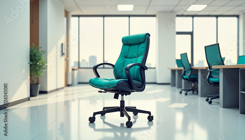 ergonomic green office chair in a modern workspace setting with large windows offering a view of the city skyline, suitable for workspace design concepts and office decor inspiration