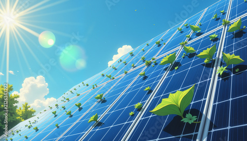 solar panels with green plants growing on them under bright sunlight in a clear blue sky, representing renewable energy and sustainability concept