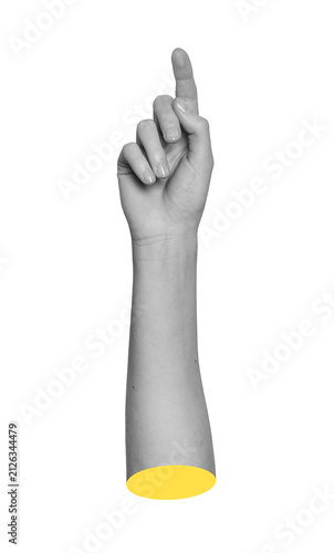 Obraz na plátne Monochrome limb pressing firmly with index fingertip pad on invisible sensor