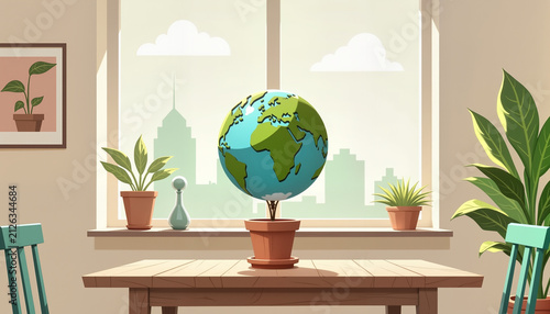 globe plant concept representing environmental awareness placed on a wooden table in a bright room with potted plants and city view through the window, with copy space
