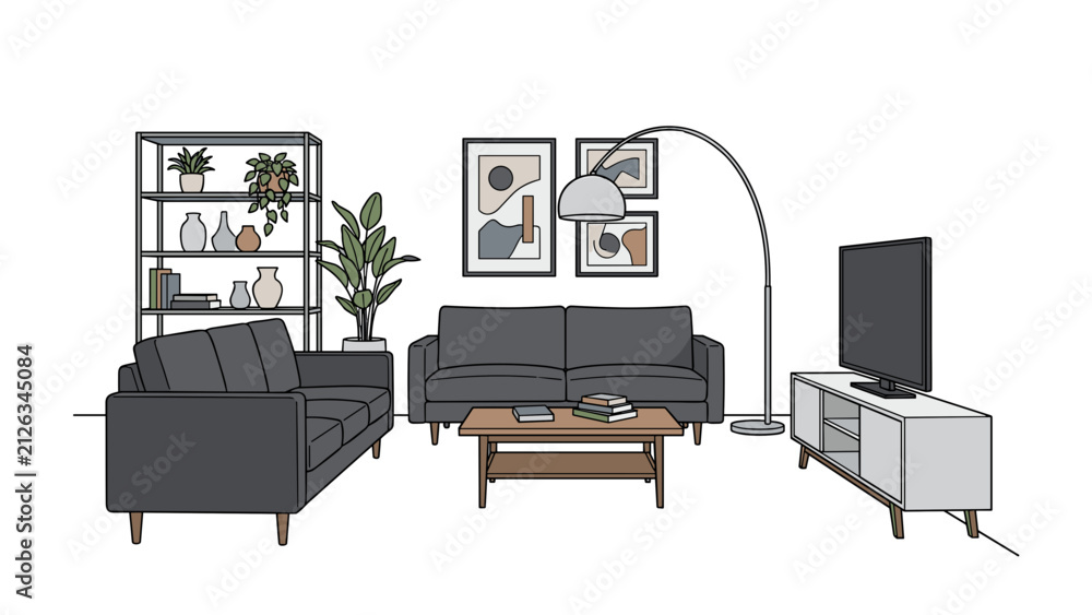 Fototapeta premium Modern living room interior with couch, tv, and coffee table Vector