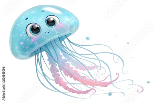 Cartoon jellyfish with long tentacles swimming