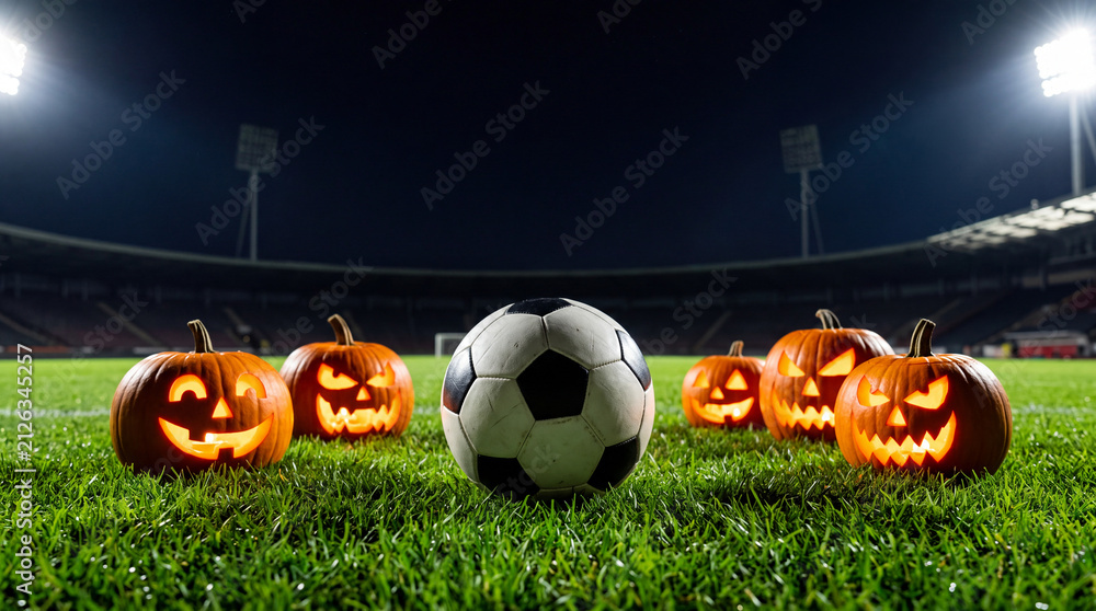 Obraz premium Soccer ball and glowing jack o lantern pumpkins on green stadium grass at night, Halloween football match concept