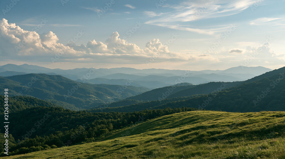 Fototapeta premium Rolling grassy hills overlook a misty mountain range at sunset. Perfect background for travel or outdoor lifestyle.