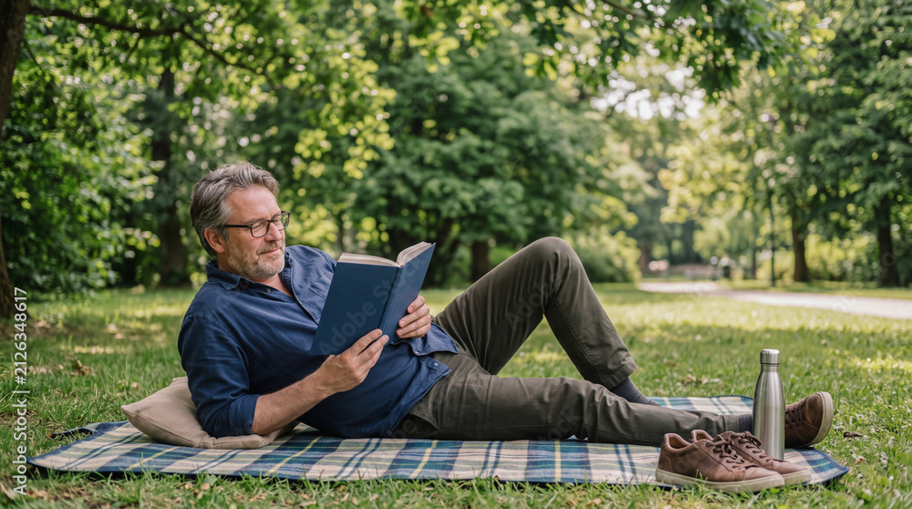 Fototapeta premium Mature man reading a book while lying on a blanket on the grass in a sunny green park