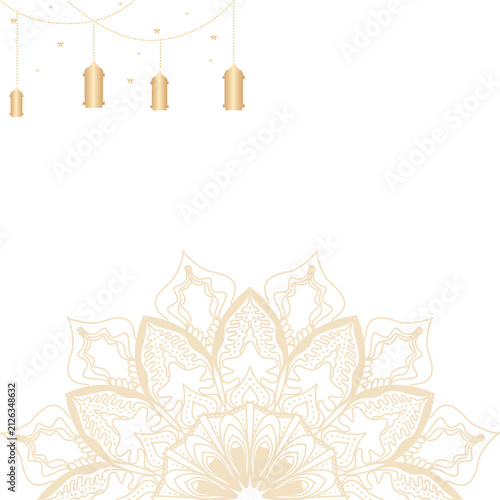 Elegant Gold Mandala Design with Hanging Lanterns on White Background