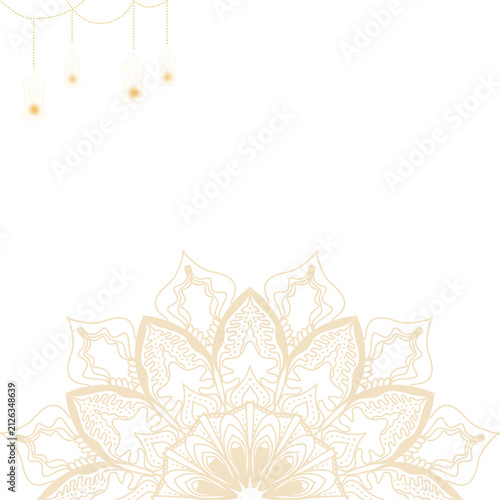 Elegant golden mandala design on white background with hanging ornaments