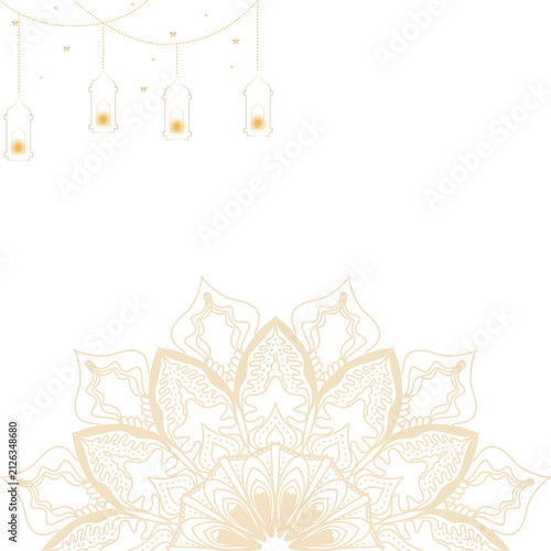 Elegant gold mandala design with hanging lanterns on white background