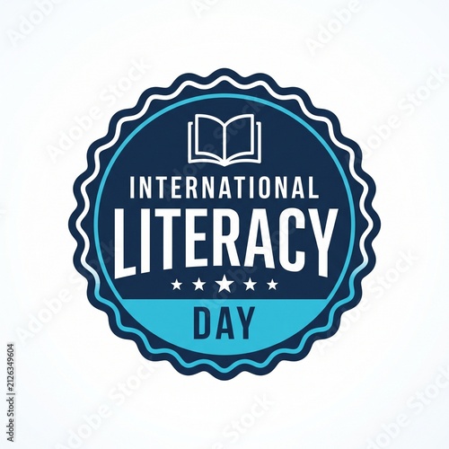 International literacy day badge logo design with an open book icon and five stars, isolated on a white background for educational awareness.