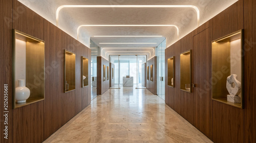 Modern Luxury Hallway with Marble Floor and Wood Panels