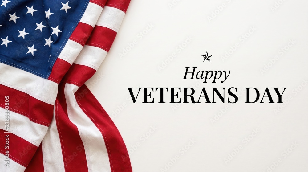Fototapeta premium Happy veterans day greeting card with a folded american flag on a white background for national holiday