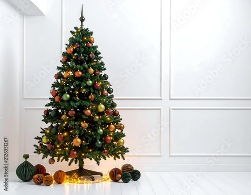Elegant Decorated Christmas Tree Against a White Wall Background.