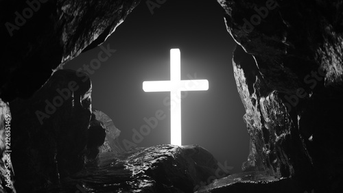 Quadro su tela Glowing cross at the cave entrance at night