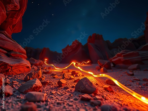 Fire Camp with Glowing Flames Near Tent in Desert Mountain Landscape at Sunset with Snowy Peaks, Dramatic Sky and Scenic Nature Travel View