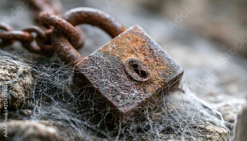 Old rusty padlock surrounded by spider webs close up mistery and occult concept