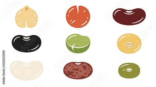 Raw Legumes Beans Pulses and Peas Flat Vector Icon Set Isolated on White Background