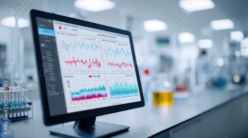 Focused medium shot of software interface displaying chemistry trends with AI alerts on lab report anomalies rest softly out of focus.