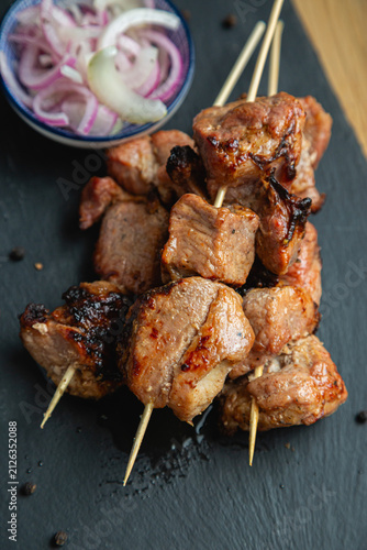 Shashlik. Kebab with pickled onions.