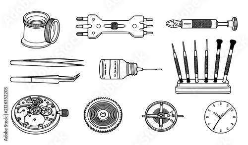 Foto Mechanical Watch Repair Tools and Gear Components Vector Icon Set for Clockmaker