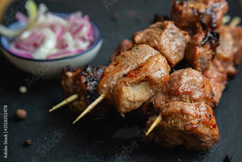 Shashlik. Kebab with pickled onions.