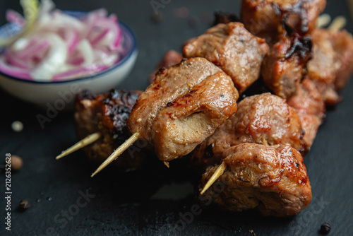 Shashlik. Kebab with pickled onions.
