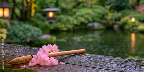 Bamboo calligraphy brush and pink cherry blossoms on a wet wooden deck overlooking a Japanese garden