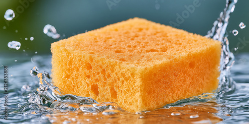 A bright yellow cleaning sponge soaking up a water splash on a dark wet surface with macro detail