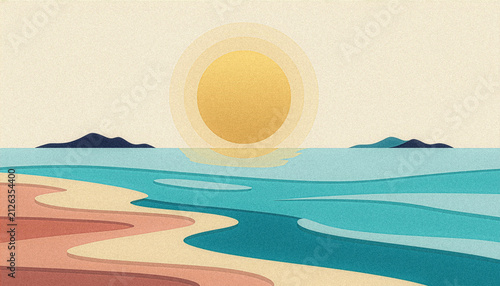 Retro vintage beach sunset landscape with calm ocean waves sandy shore and glowing golden sun abstract art concept