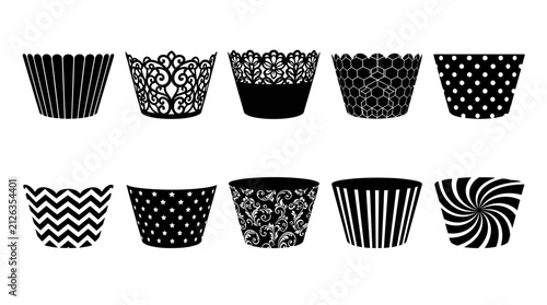 Black and White Cupcake Wrapper Vector Set with Vintage Patterns and Geometric Designs