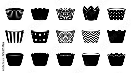 Black and White Cupcake Cases and Muffin Wrappers Vector Set with Various Patterns